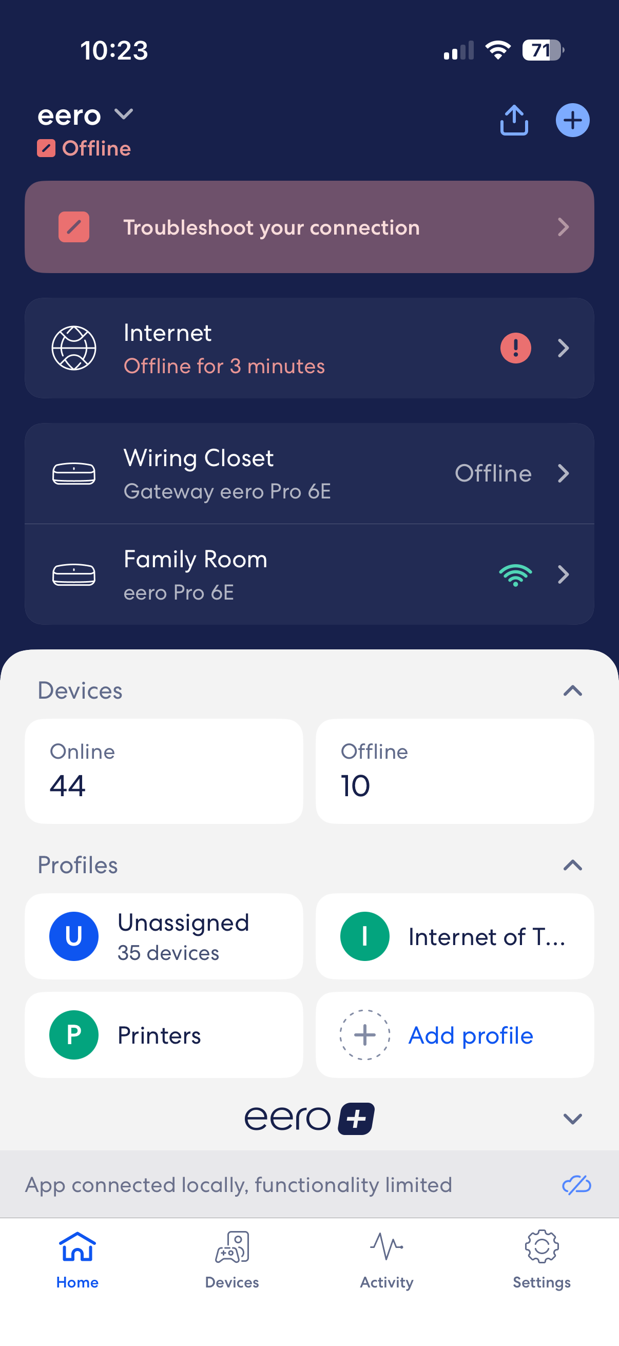 Internet down in eero app