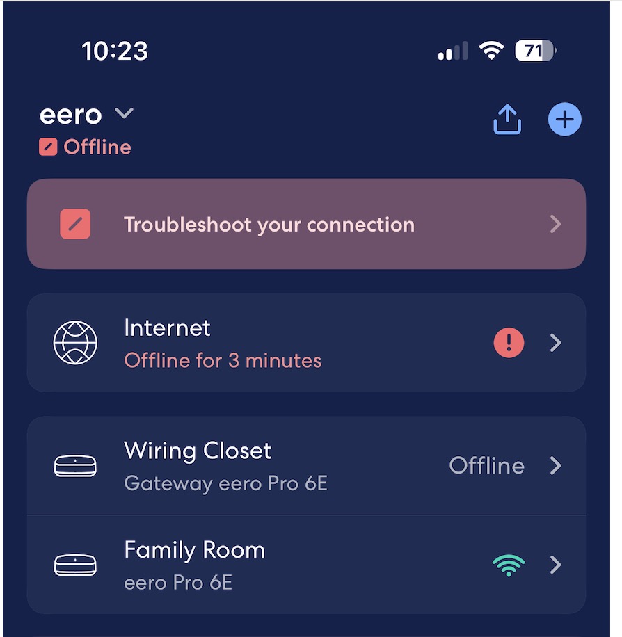 internet down in eero app
