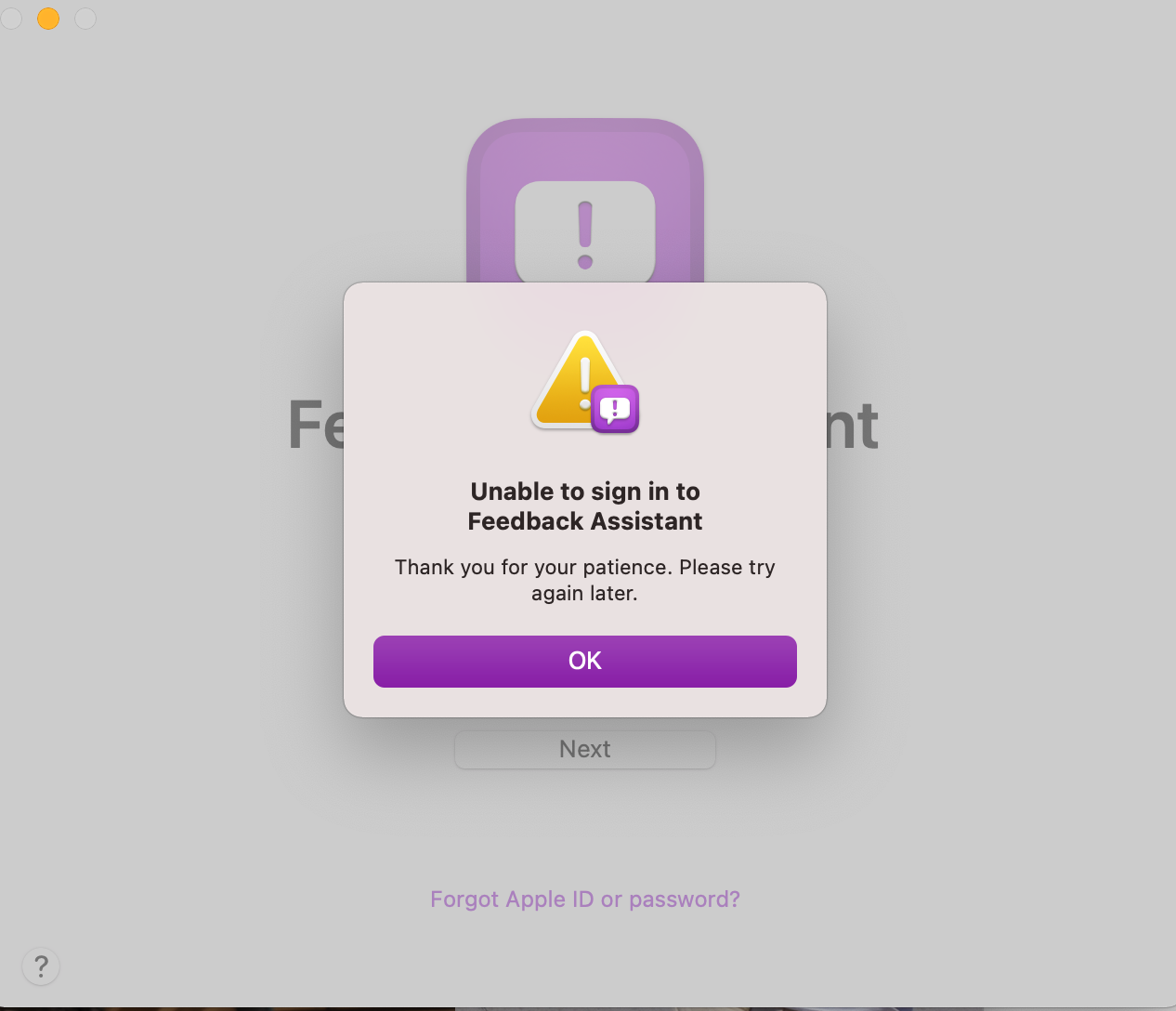 Apple Unable to sign in to Feedback Assistant